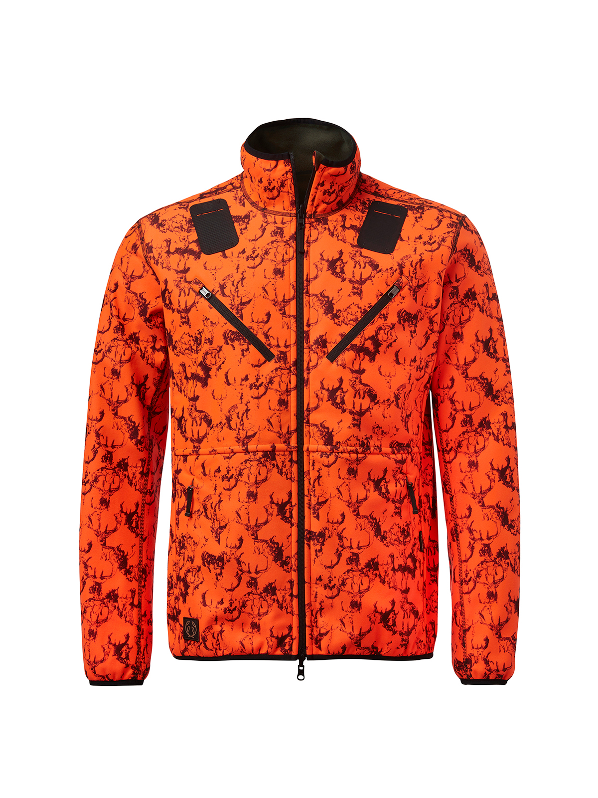 Vorderansicht der camouflage-orangen Wendejacke Mist Windblocker von Chevalier, komplett sichtbar.